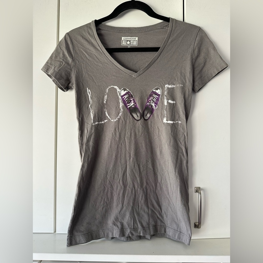 ✨ Converse All Star Love Tee Gray V-Neck Graphic Shirt S